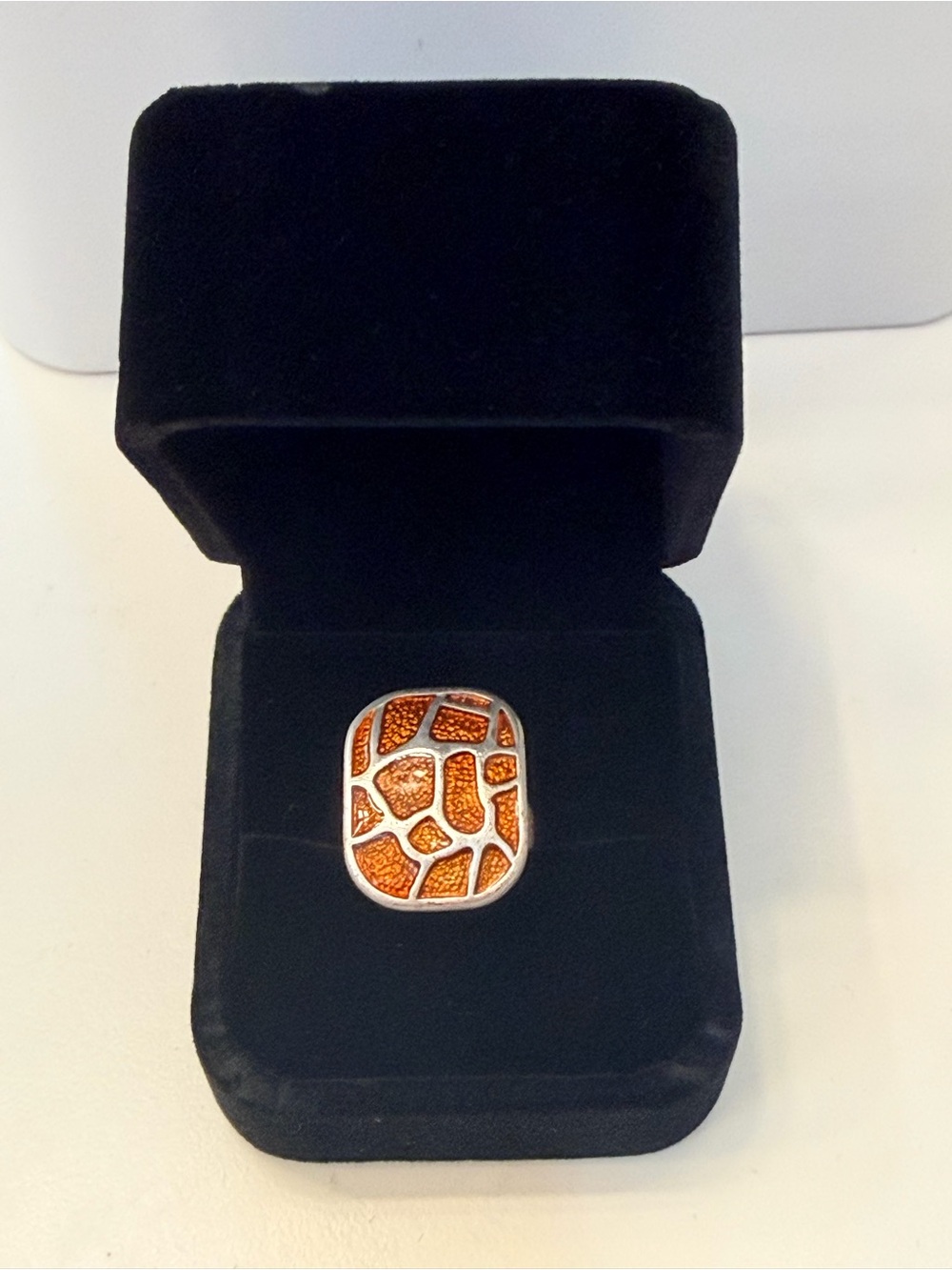 Silver Tone Orange Mosaic Costume /Fashion Statement Ring, Adjustable Sizing